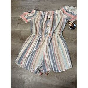 Blush Women's Off Shoulder Striped Romper XL Blue White Pink Boho Tie Waist XL